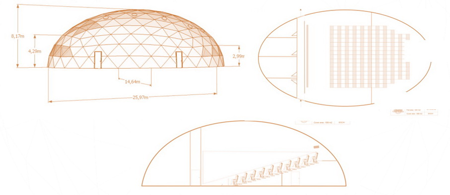 Sferinio kinoteatro kupoliniai pastatai | 360°x180° pilnos projekcijos ekranas