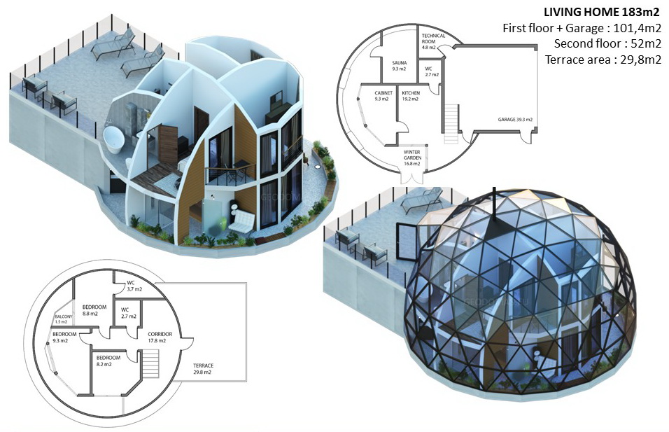 183m² Namo Stiklinis Ø11m Apsauginis Kupolas 6m Aukščio